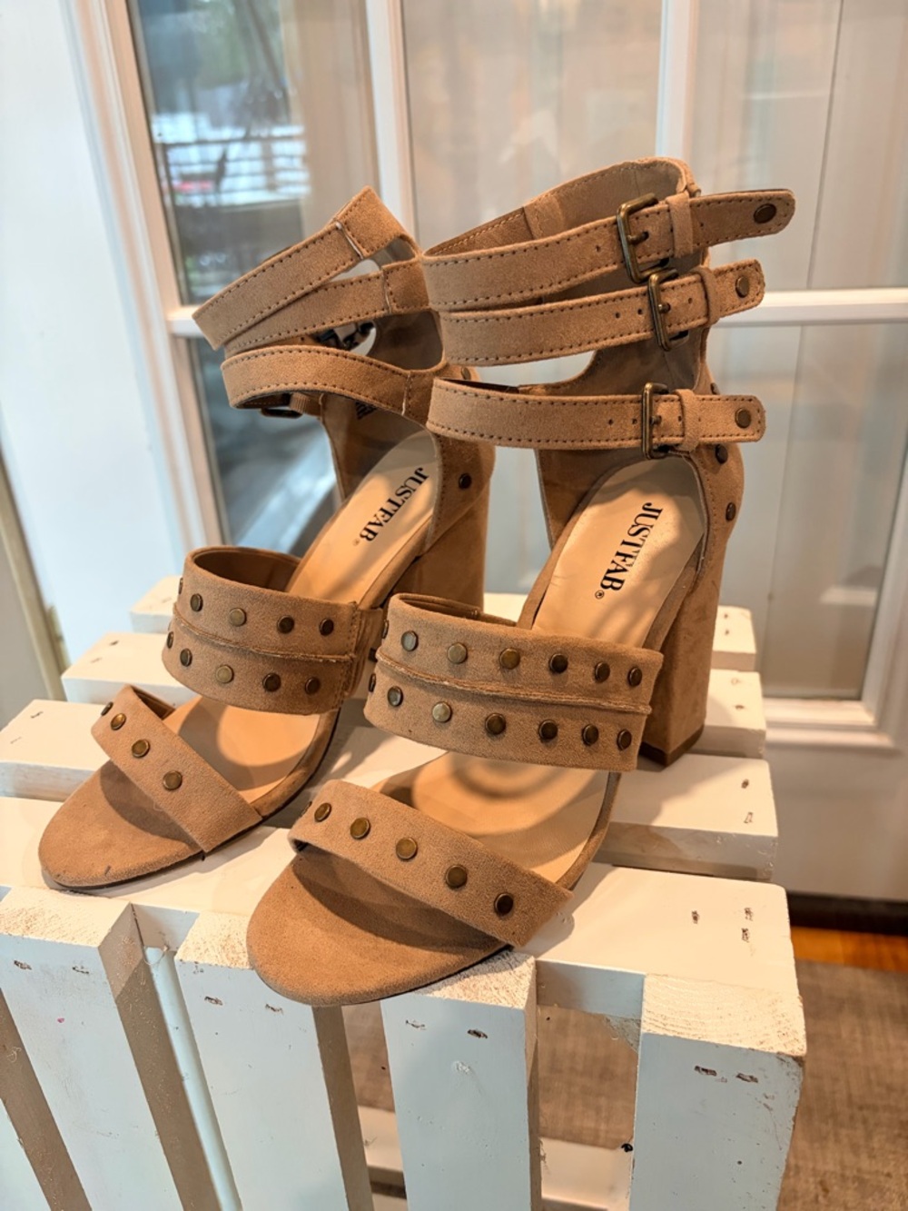 JustFab Tan Triple-Strap Stud Block Heels